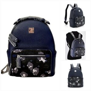 New MCM Blue & Black Camo Print Leather Stark Backpack